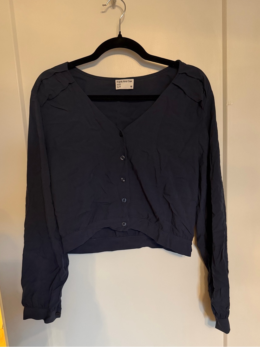 Frank & Oak Navy Cropped Button-Up Top
